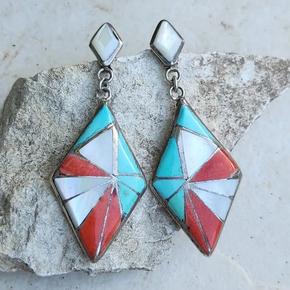 Vintage Zuni Channel Inlay Diamond Drop Earrings Turquoise MOP